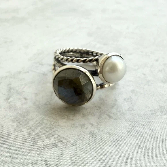 Sundance Catalog Labradorite Pearl Sterling Silver Piccadilly Circus Ring Size 6 - Picture 3 of 10